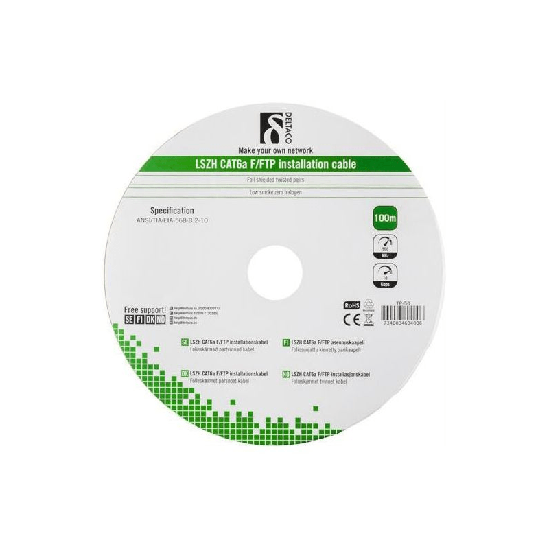 Câble extérieur Alfaco Cat6 F/FTP de 100 m, 500 MHz, en bobine, rigide, 100 % cuivre, LSZH (Eca)