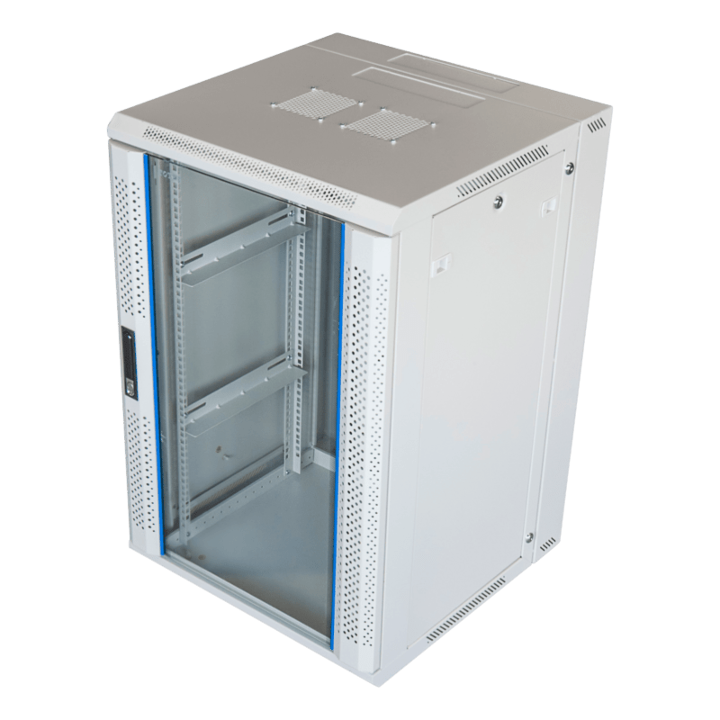 Baie murale blanche de 18U (inclinable) avec porte métallique, 600x600x1000 mm (LxPxH)