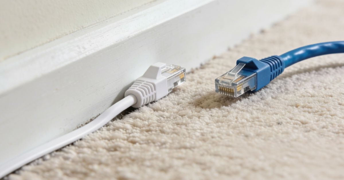cable-ethernet-plat-vs-rond cable Ethernet blanc fil plat comparé à un câble bleu fil rond