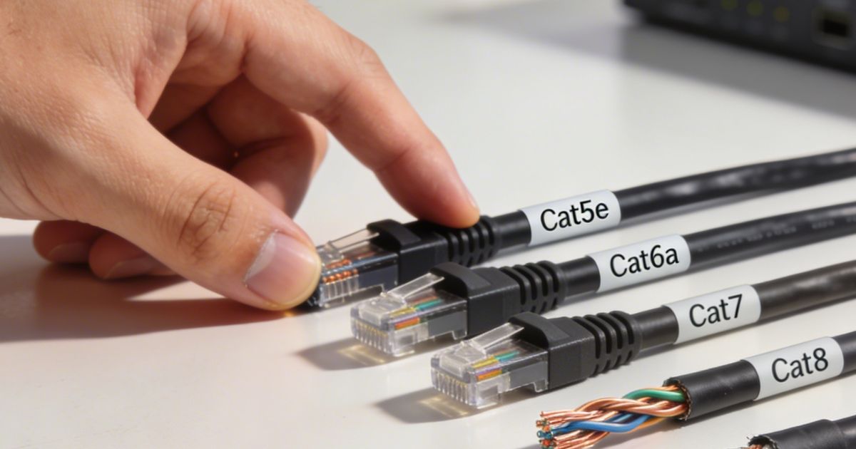 photo HD de câbles rj45 de catégories et blindages différent disposé côte à côte